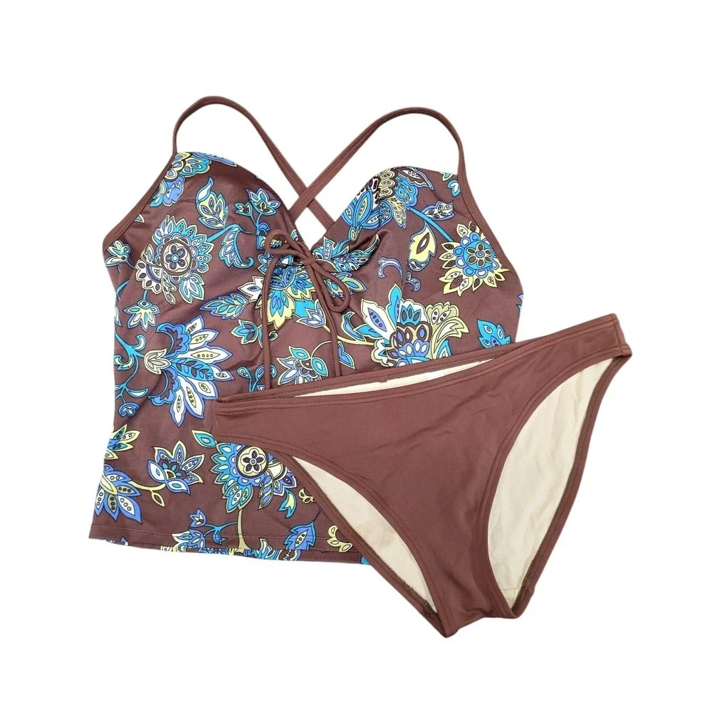 Victoria's Secret Swimsuit 34D Chocolate Brown Floral Tankini Bikini Set Padded